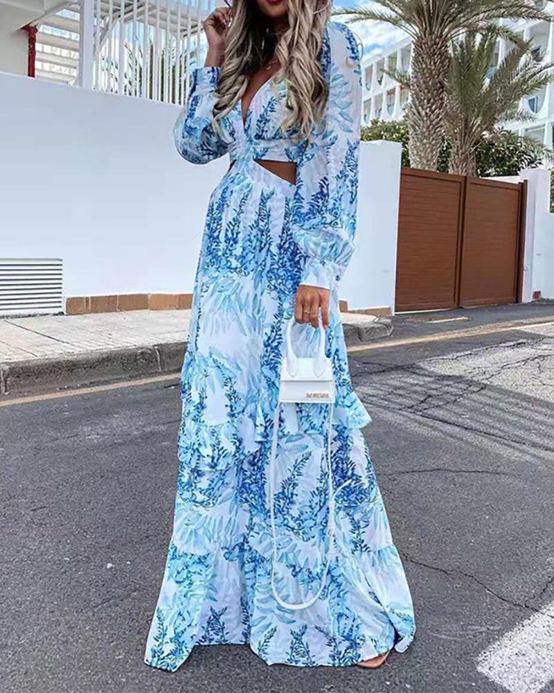 

Graphic Print Cutout Long Sleeve Maxi Dress, Blue