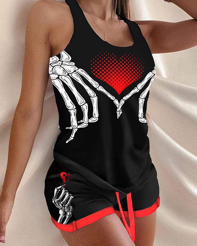 

Halloween Skull Print Drawstring Pajamas Set, Black