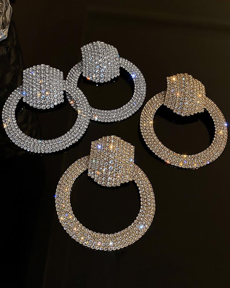 

1Pair Allover Rhinestone Hoop Earrings, Silver