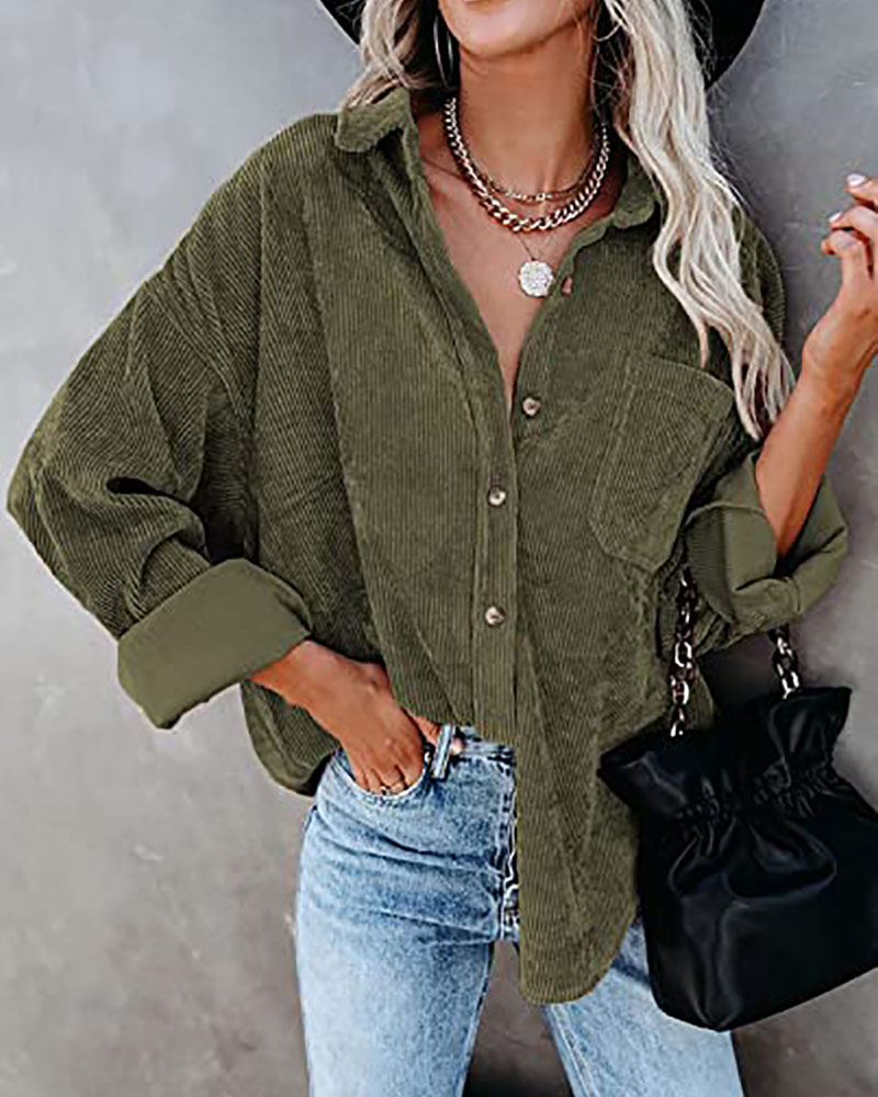 

Long Sleeve Button Front Corduroy Shacket, Dark green