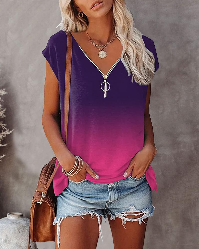 

Ombre V-Neck Zip Front T-shirt, Purple