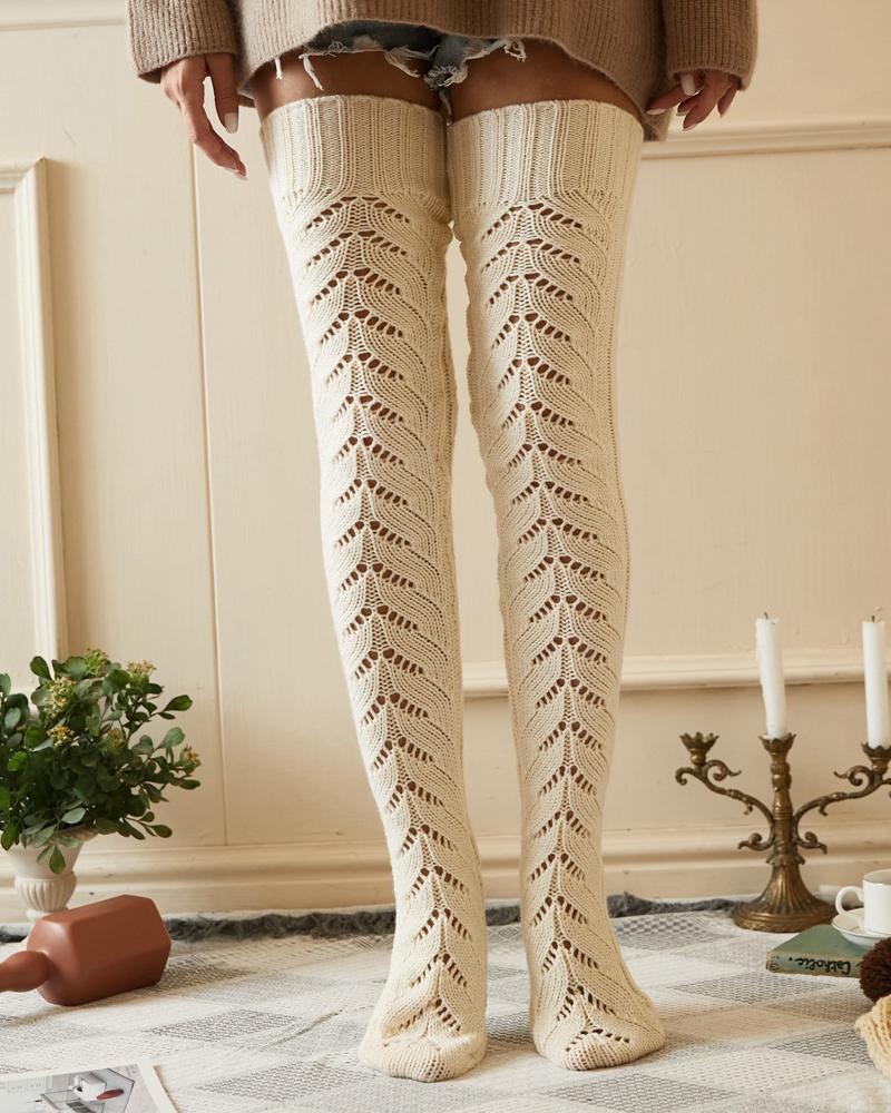 

Hollow Out Over The Knee High Long Socks, White