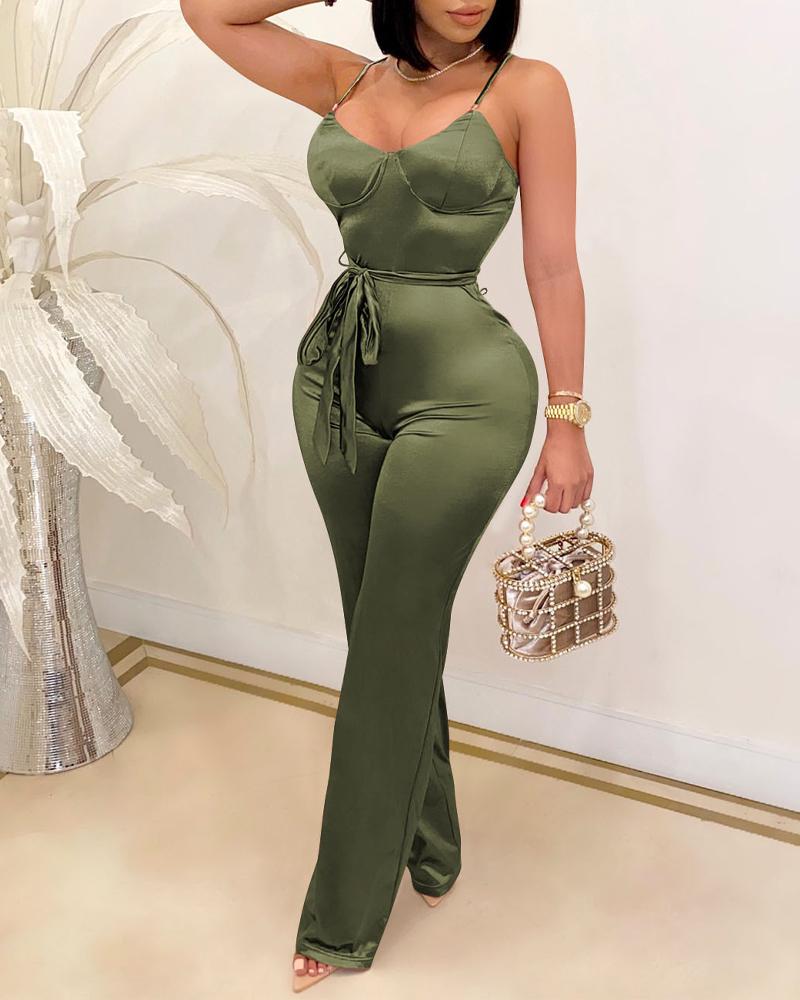 

Satin Zipper Back Straight Leg Belted Cami Jumpsuit, Green