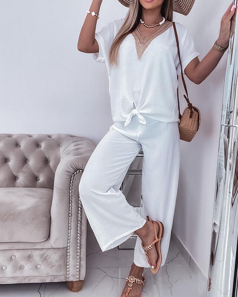 

Lace Patch V-Neck Top & Wide Leg Pants Set, White