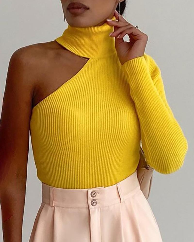 

High Neck One Shoulder Skinny Knit Top, Yellow