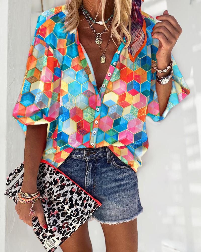 

Geometric Print Lantern Sleeve Button Down Shirt, Multicolor