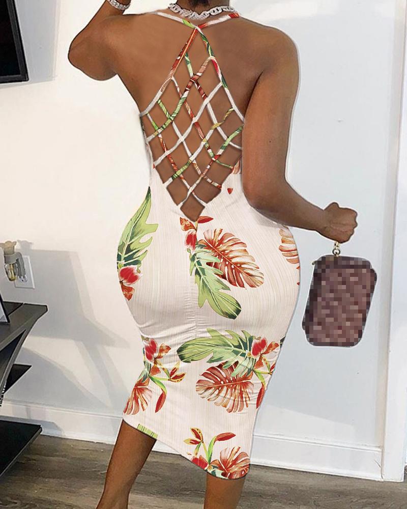 

Floral Print Fishnet Backless Sleeveless Bodycon Dress, Multicolor