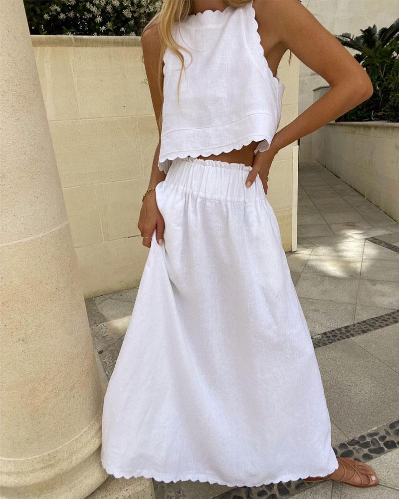 

Casual Scallop Trim Tank Top & Skirt Set, White