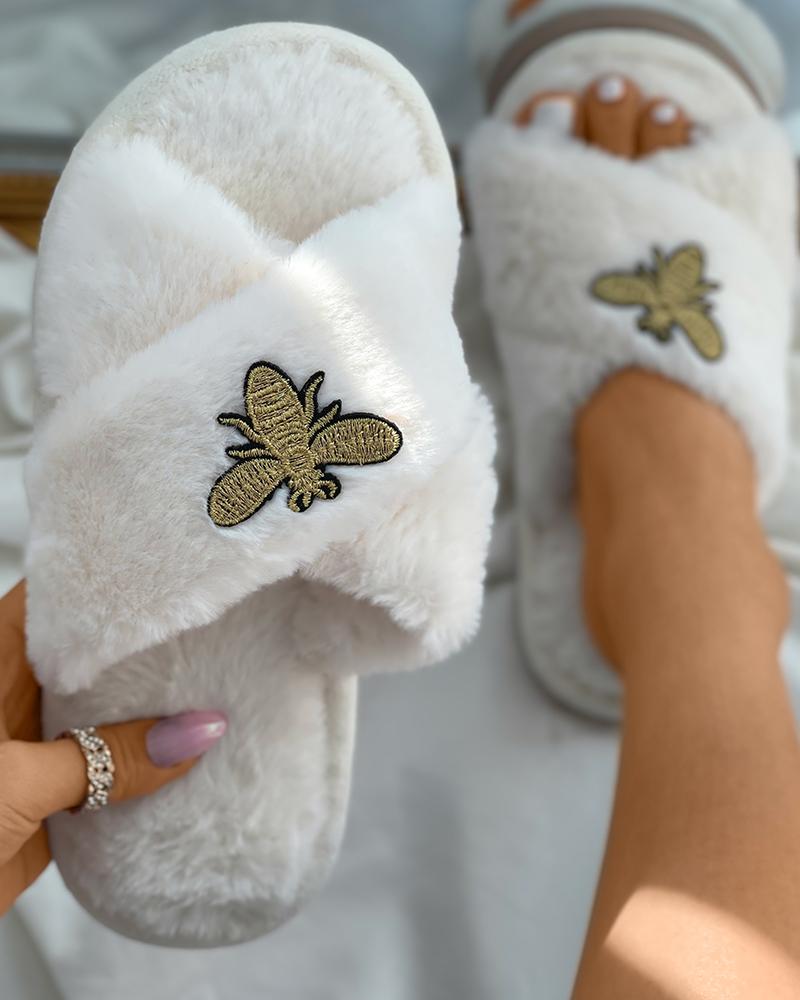 

Bee Embroidery Bandage Strap Fluffy Slippers, White