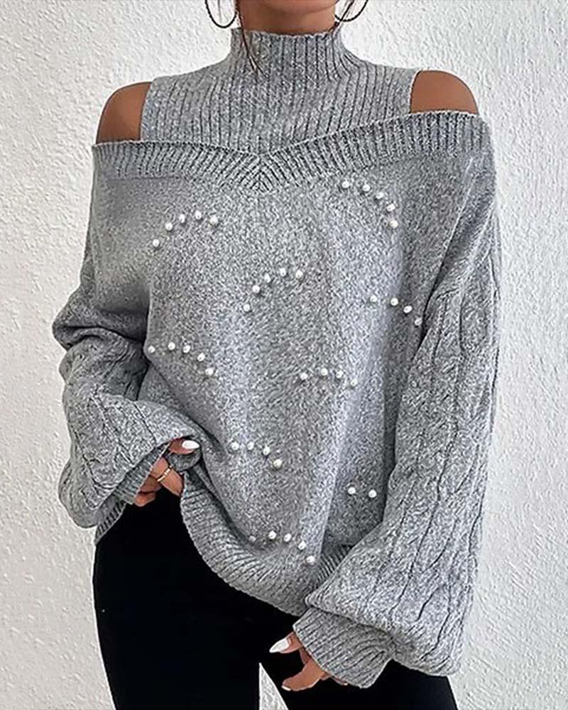 

Beaded Decor Cold Shoulder Lantern Sleeve Sweater, Gray