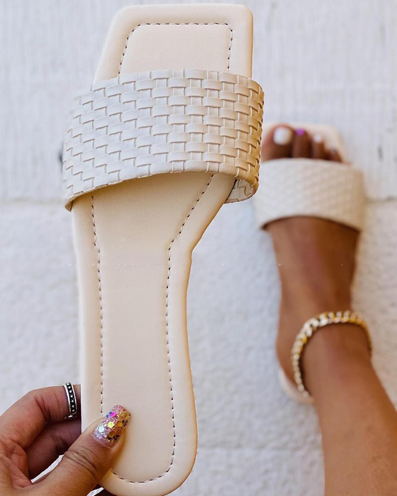 

Square-toe Solid Color Weave Strap Flat Slippers, Beige