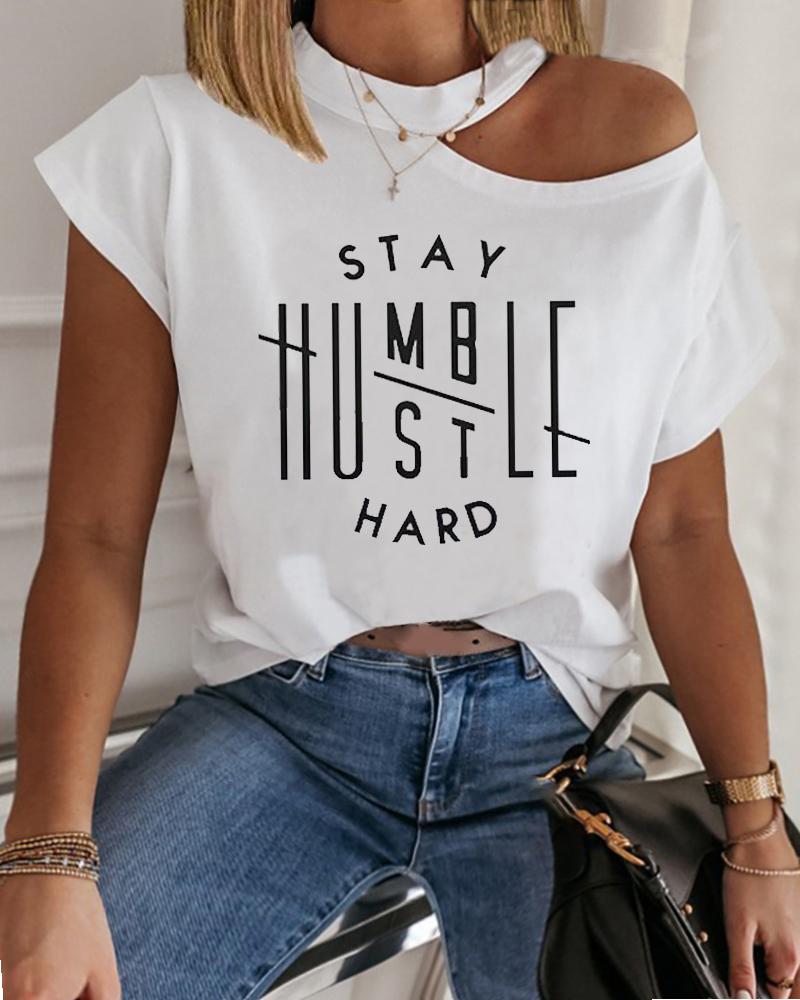 

Slogan Print Cold Shoulder Short Sleeve T-shirt, White