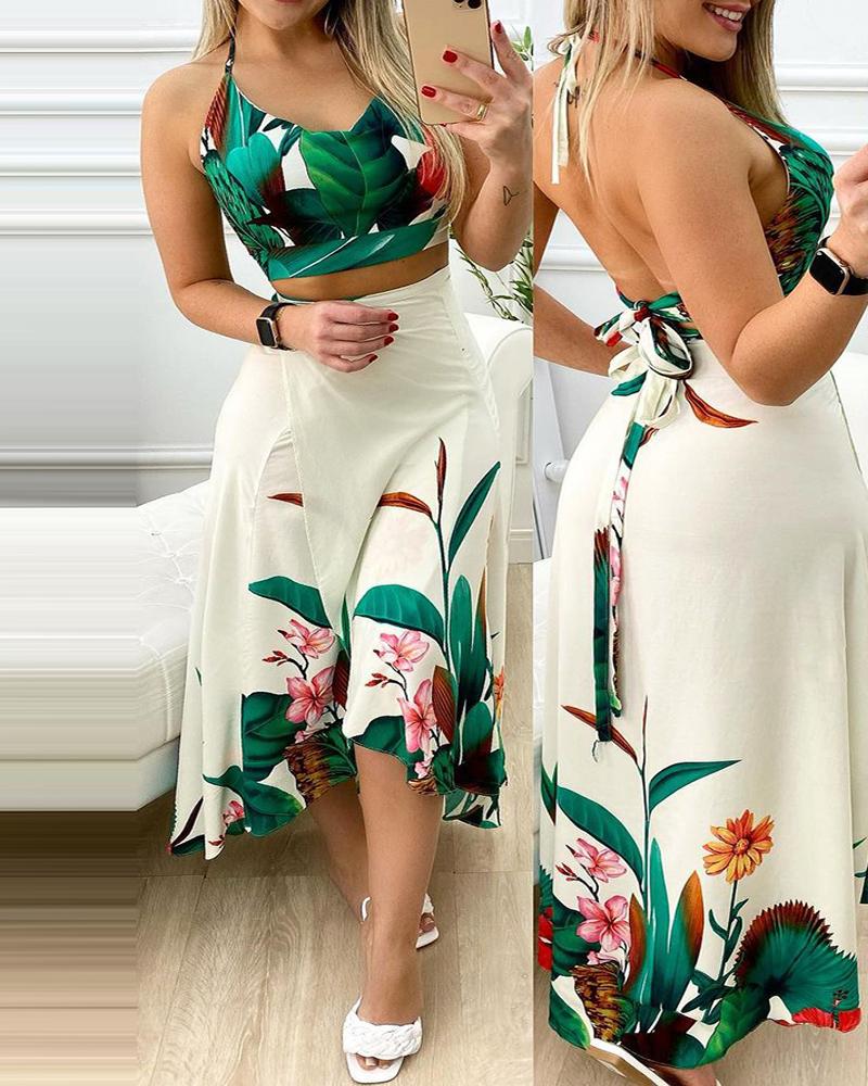 

Tropical Print Halter Top & Midi Skirt Set, Green