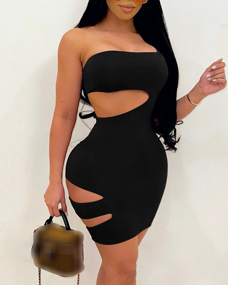 

Solid Color Cut-out Off Shoulder Sleeveless Skinny Mini Dress, Black