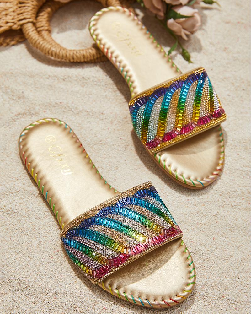 

Colorblock Rhinestone Round Toe Slippers, Gold