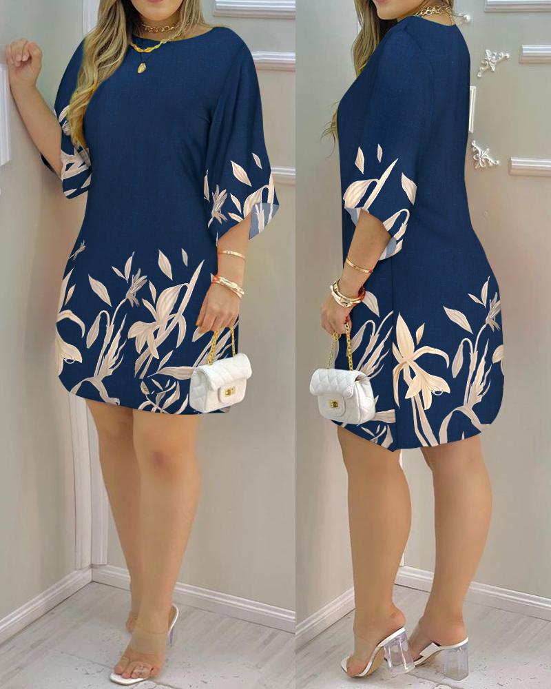 

Plants Print Boat Neck Casual Dress, Dark blue