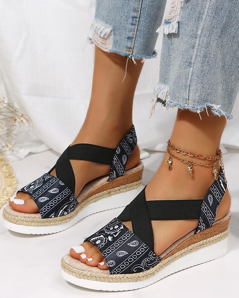 

Paisley Pattern Bandage Slingback Sandals, Black