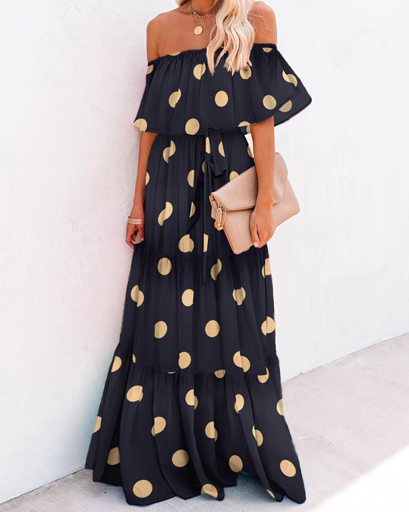 

Polkadot Print Off Shoulder Layered Ruffles Maxi Dress, Black