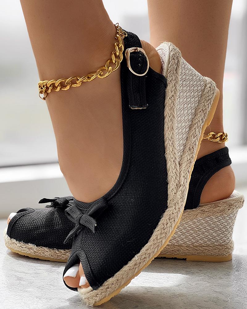 

Peep Toe Slingback Bowknot Espadrille Wedge Sandals, Black