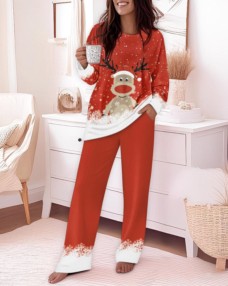 

Conjunto de pijama com estampa de rena e rena, 2 peças, manga comprida, calça elástica, estampa de floco de neve, natalino, Red