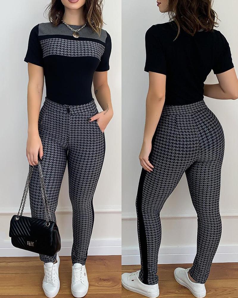 

Houndstooth Print Short Sleeve Top & Pocket Design Pants Set, Black
