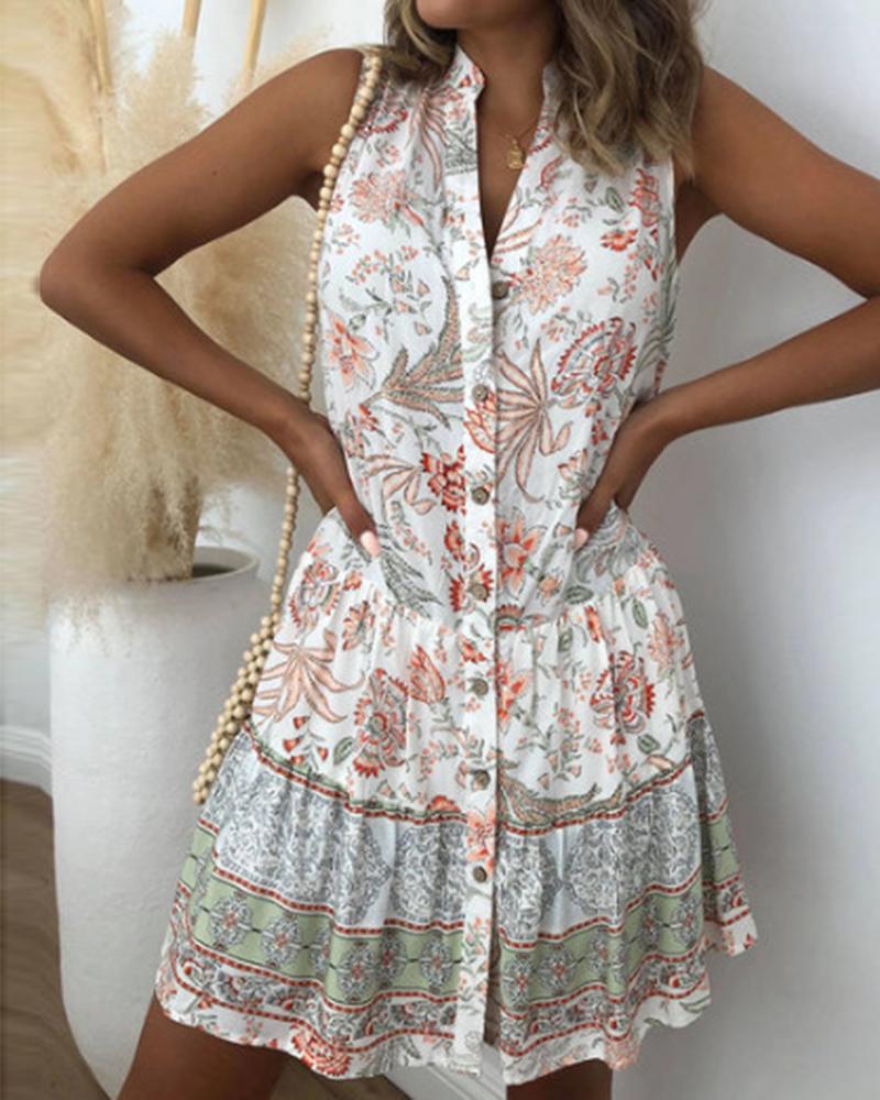 

All Over Print Ruffle Hem Sleeveless Mini Dress, White