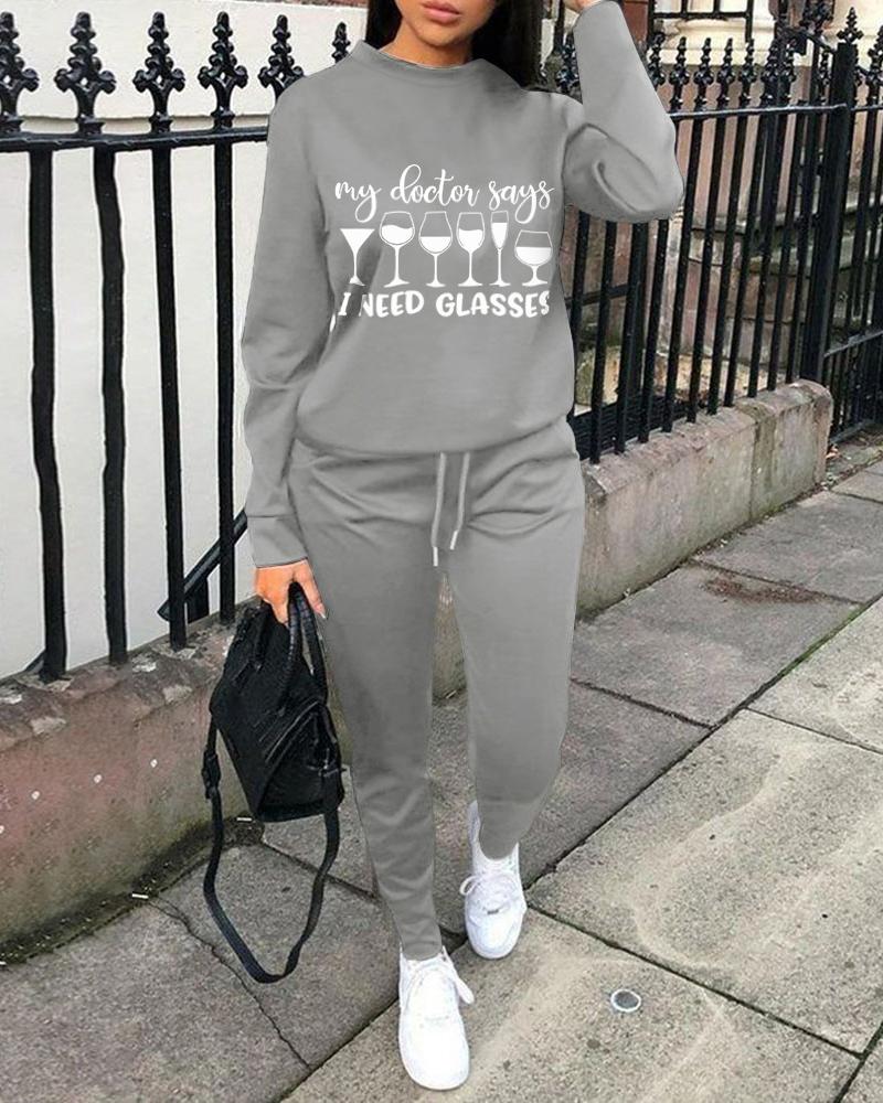 

Wine Glass Letter Print Top & Drawstring Pants Set, Gray