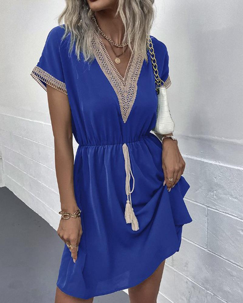 

Contrast Lace Tassel Design Casual Dress, Blue