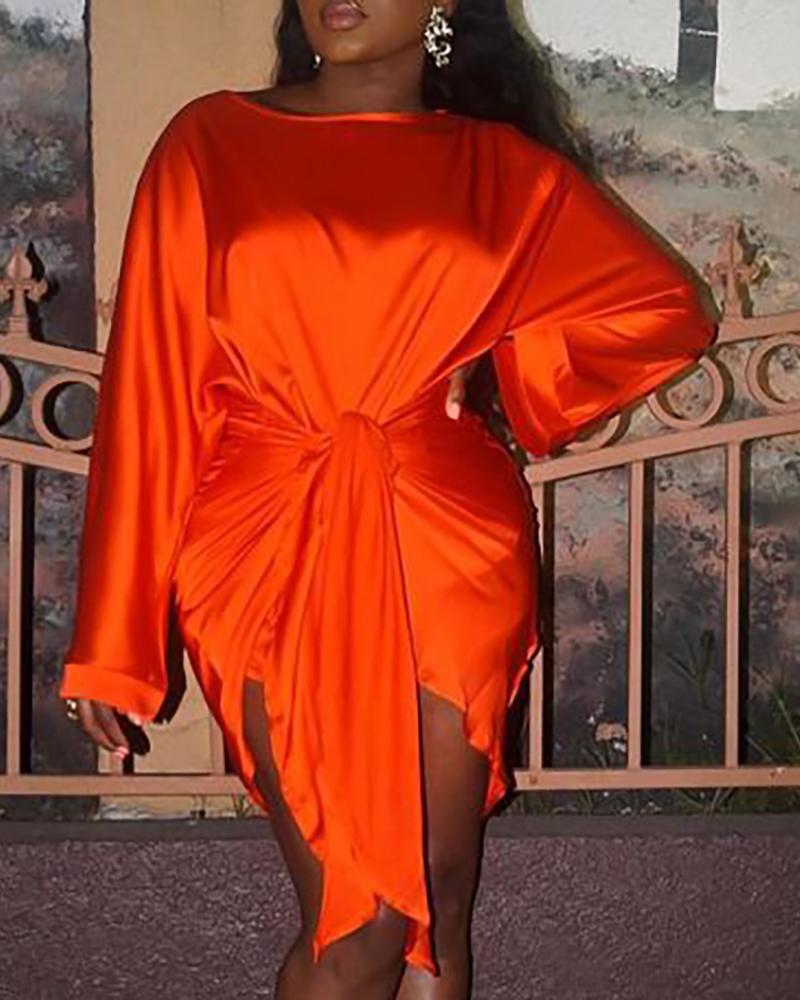 

Plain Long Sleeve Asymmetrical Ruched Dress, Orange