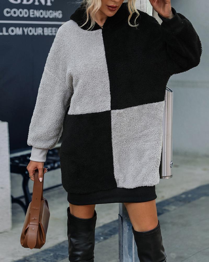 

Colorblock Long Sleeve Fluffy Hoodie, Black