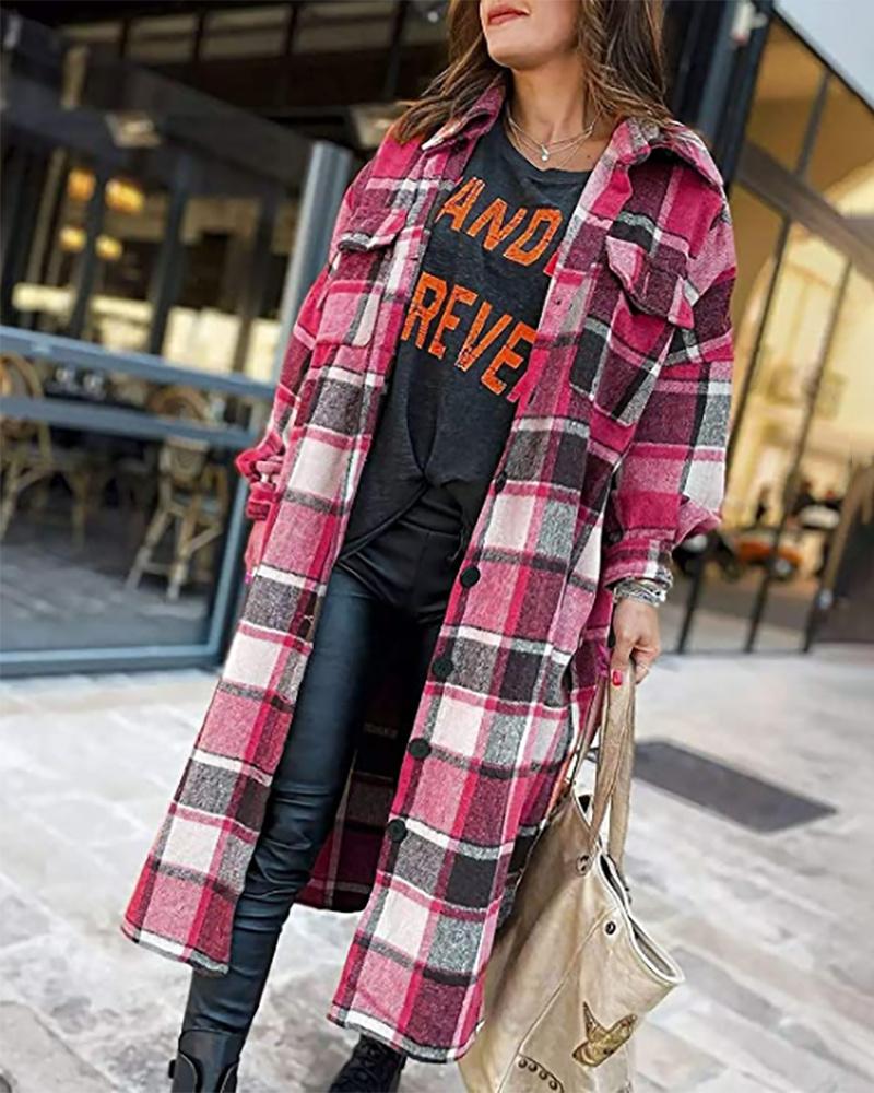 

Lantern Sleeve Plaid Print Longline Shacket, Pink