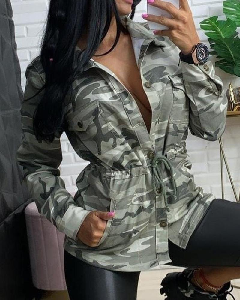 Buy Camo Print Drawstring Waist Button Front Coat. Picture