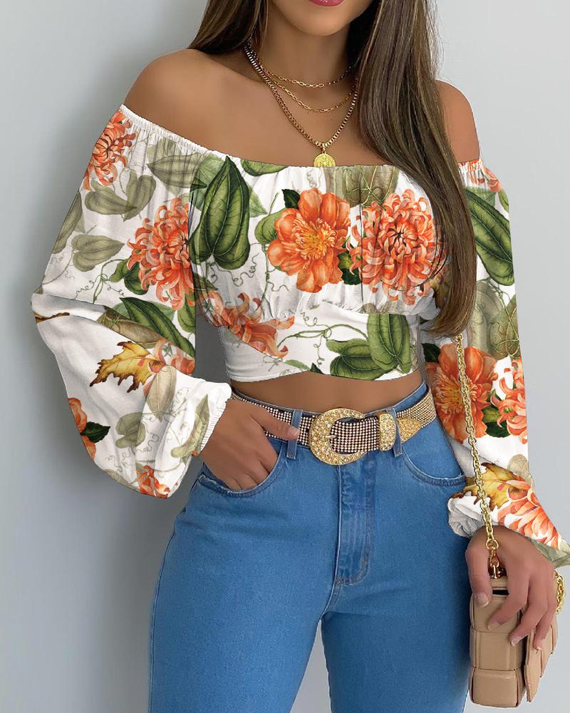 

Floral Print Off Shoulder Ruched Lantern Sleeve Crop Top, Orange
