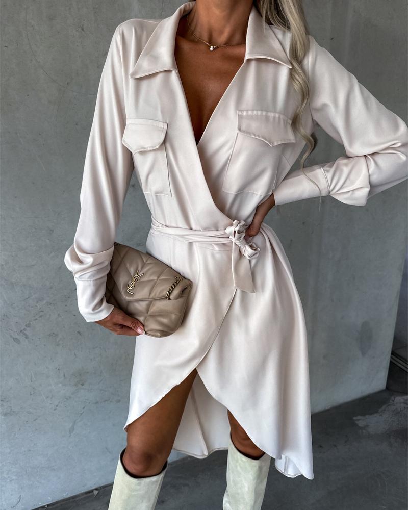

Pocket Design Tied Detail Overlap Casual Dress, Apricot
