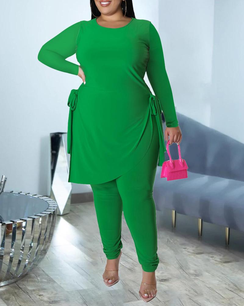 

Plus Size Tied Detail Asymmetrical Hem Top & Pants Set, Green