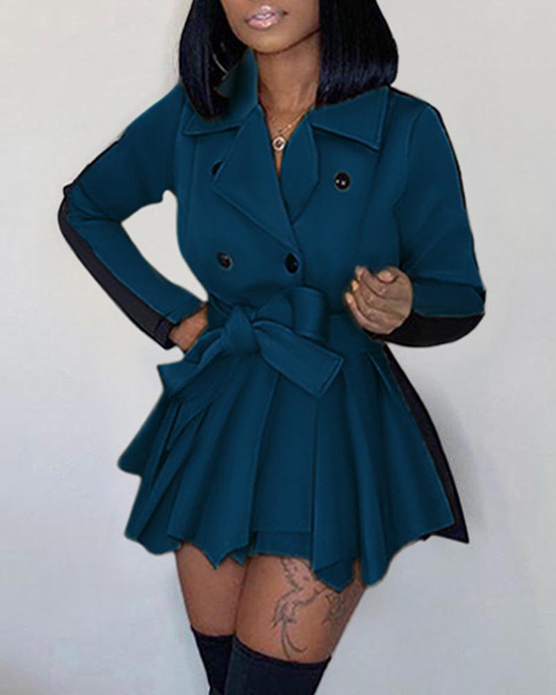 

Colorblock Asymmetrical Hem Double Breasted Belted Coat, Turquoise blue