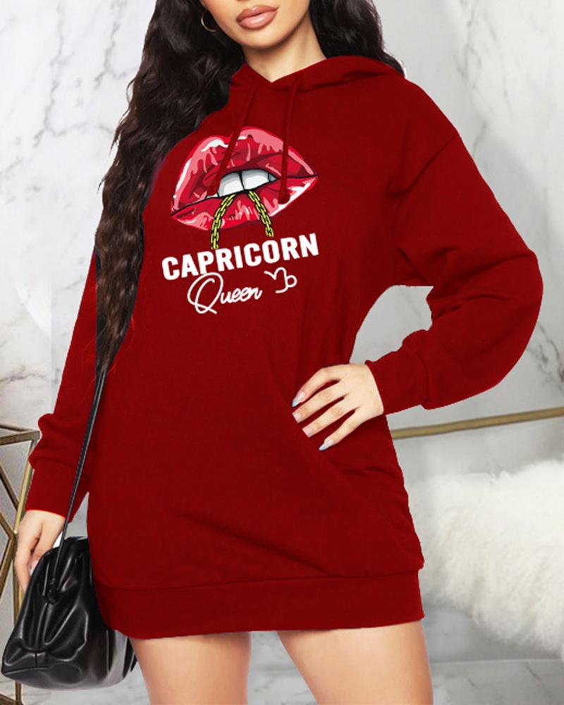 

Lip Letter Print Pocket Design Hooded Dress, Wine red