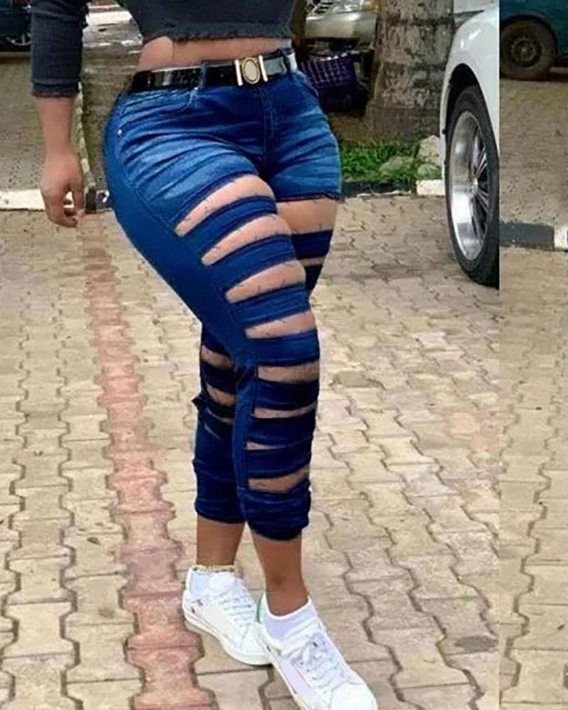 

Ladder Cutout Solid Denim Pants, Dark blue