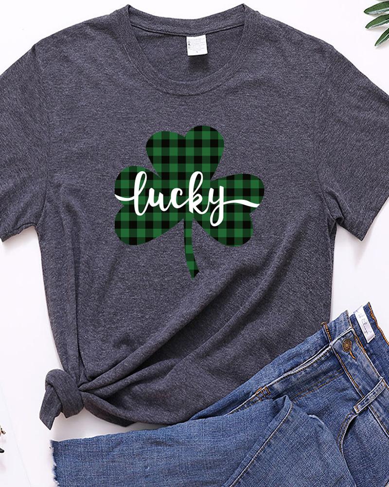 

Plaid & Letter Clover Print Short Sleeve Casual T-shirt, Gray