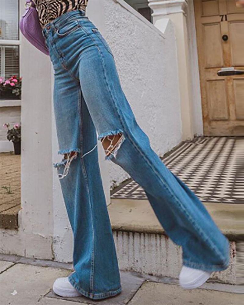 

Cutout Fringe Hem Pocket Design Bootcut Jeans, Blue