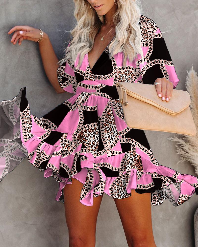 

Leopard Print Plunging Ruffle Hem Dress, Pink