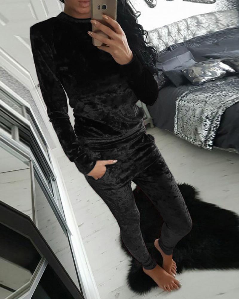 

Plain Velvet Long Sleeve Top & Pants Set, Black