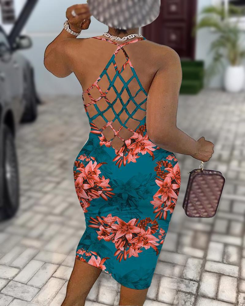 

Plus Size Floral Print Hollow Out Backless Midi Dress, Multicolor