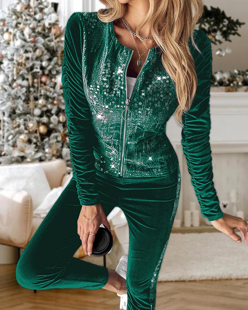 

2 Piece Velvet Tracksuit Outfits Contrast Sequin Ruched Long Sleeve Zip Up Coat Pants Sets, Green