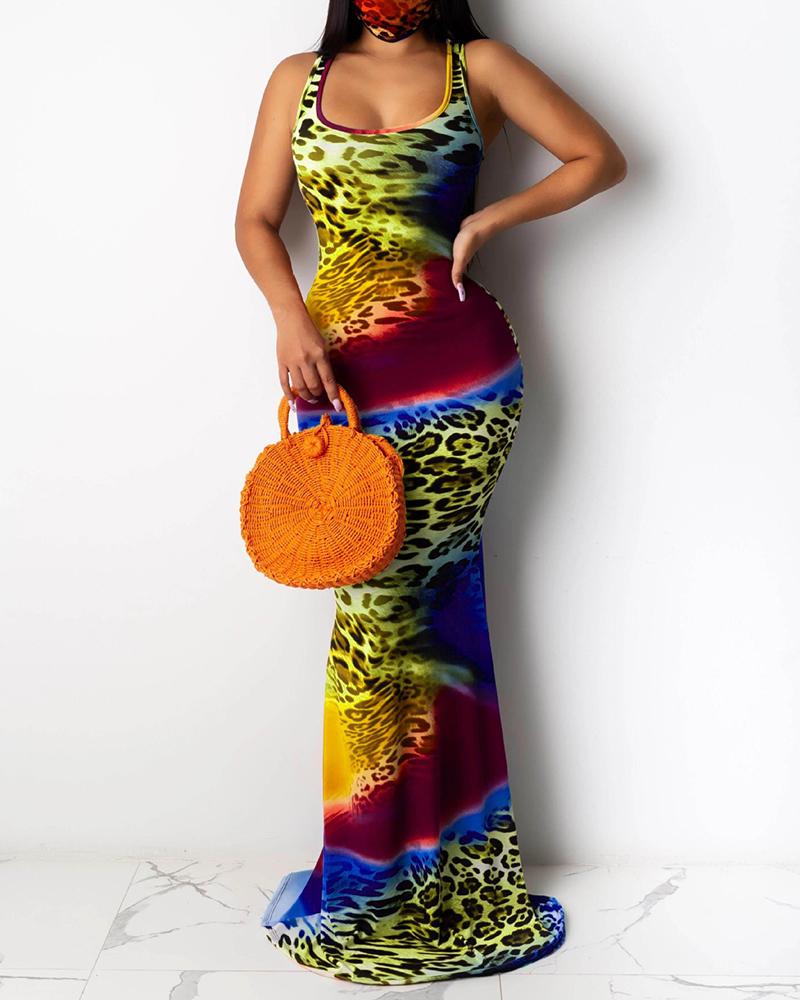 

Cheetah Tie Dye Print Mermaid Sleeveless Maxi Dress, Wine red
