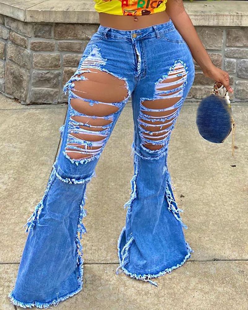 

Cut Out Ripped Denim Bootcut Jeans, Blue