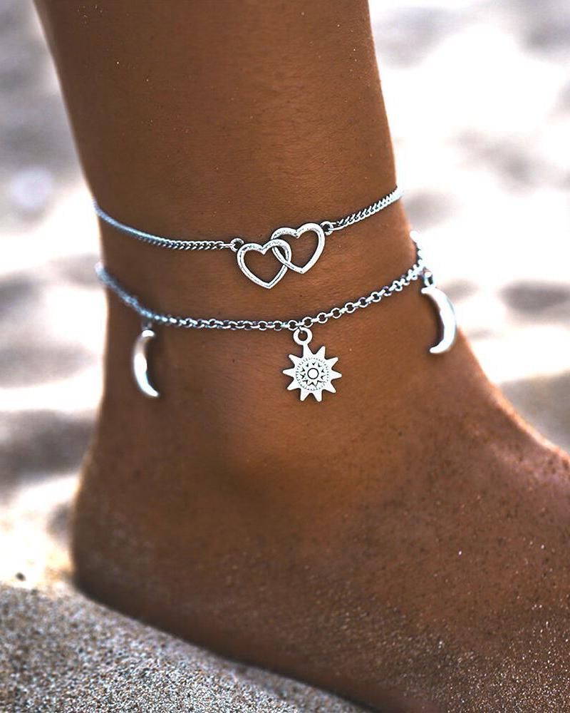 

Multi-layer Heart Moon Sun Pattern Anklet, Silver