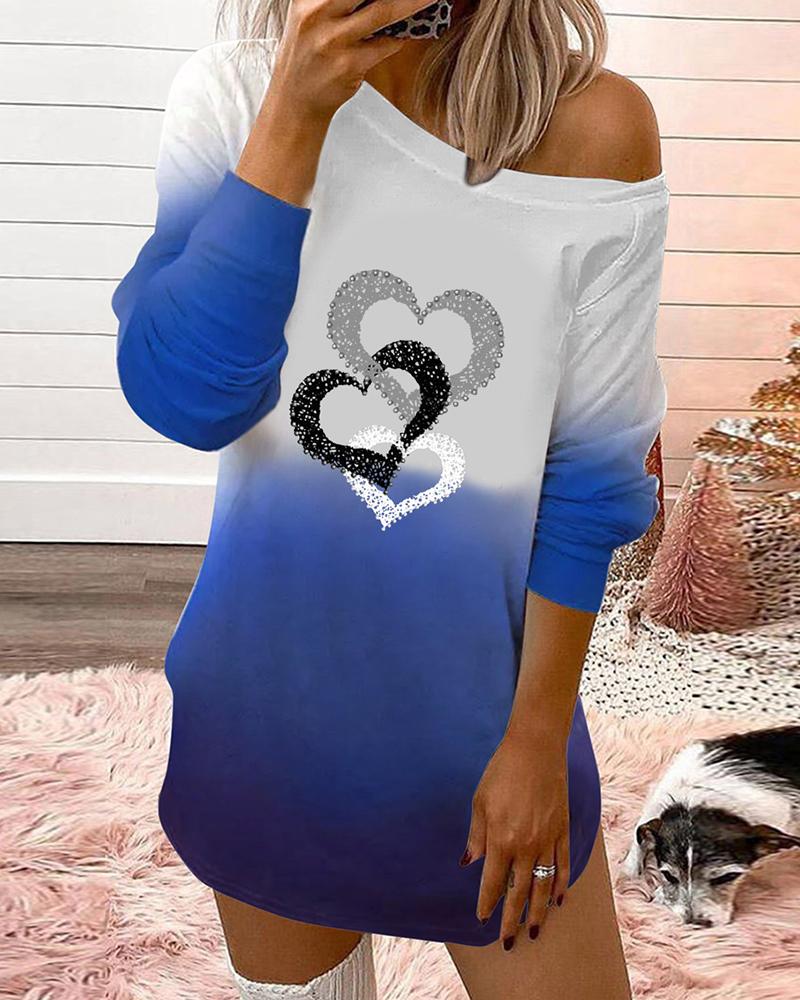 

Valentine's Day Heart Print Colorblock Long Sleeve Top, Blue