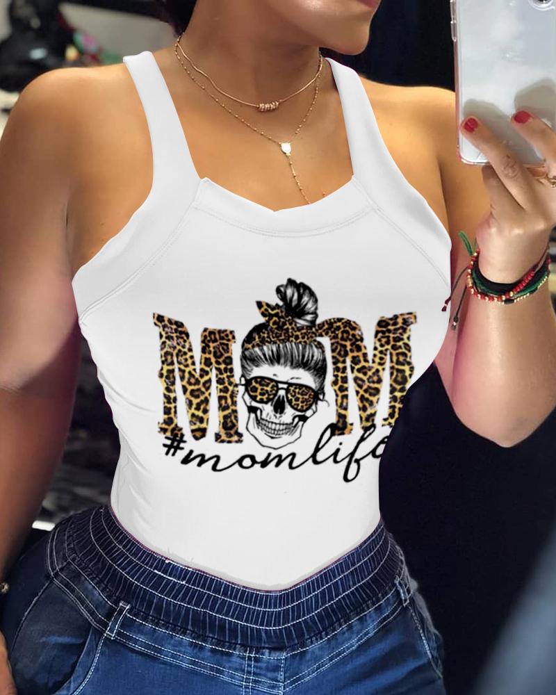 

Mother's Day Thick Strap Leopard Letter Print Fitted Top, White