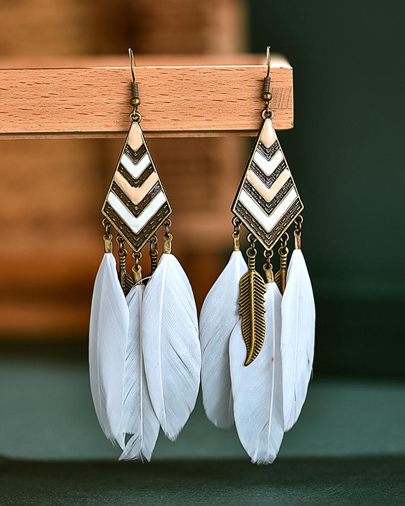 

1Pair Feather Decor Dream Catcher Shaped Drop Earrings, White